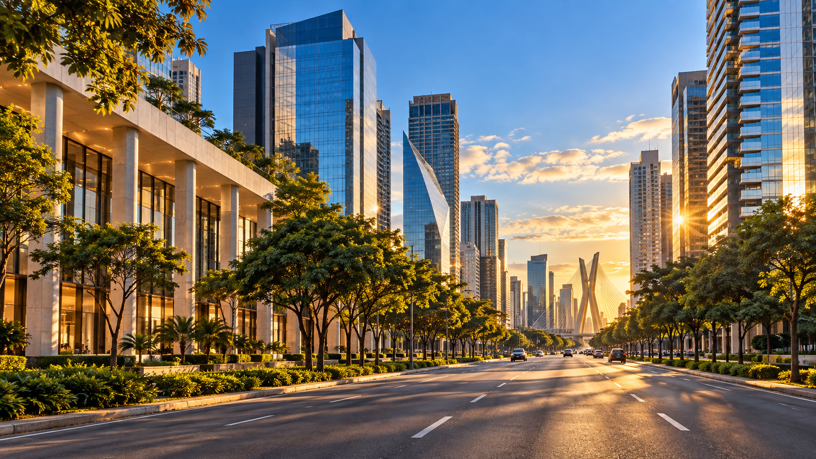 Ilustração de uma avenida com edifícios e jardins
